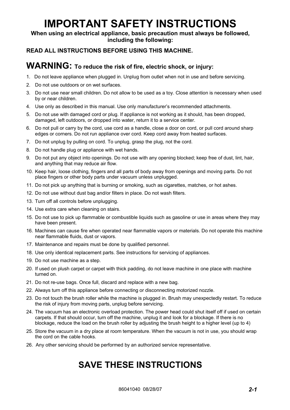 86041040pg 2-1eng, Important safety instructions, Warning | Save these instructions | Windsor Flexamatic FM15 10120040 User Manual | Page 5 / 47