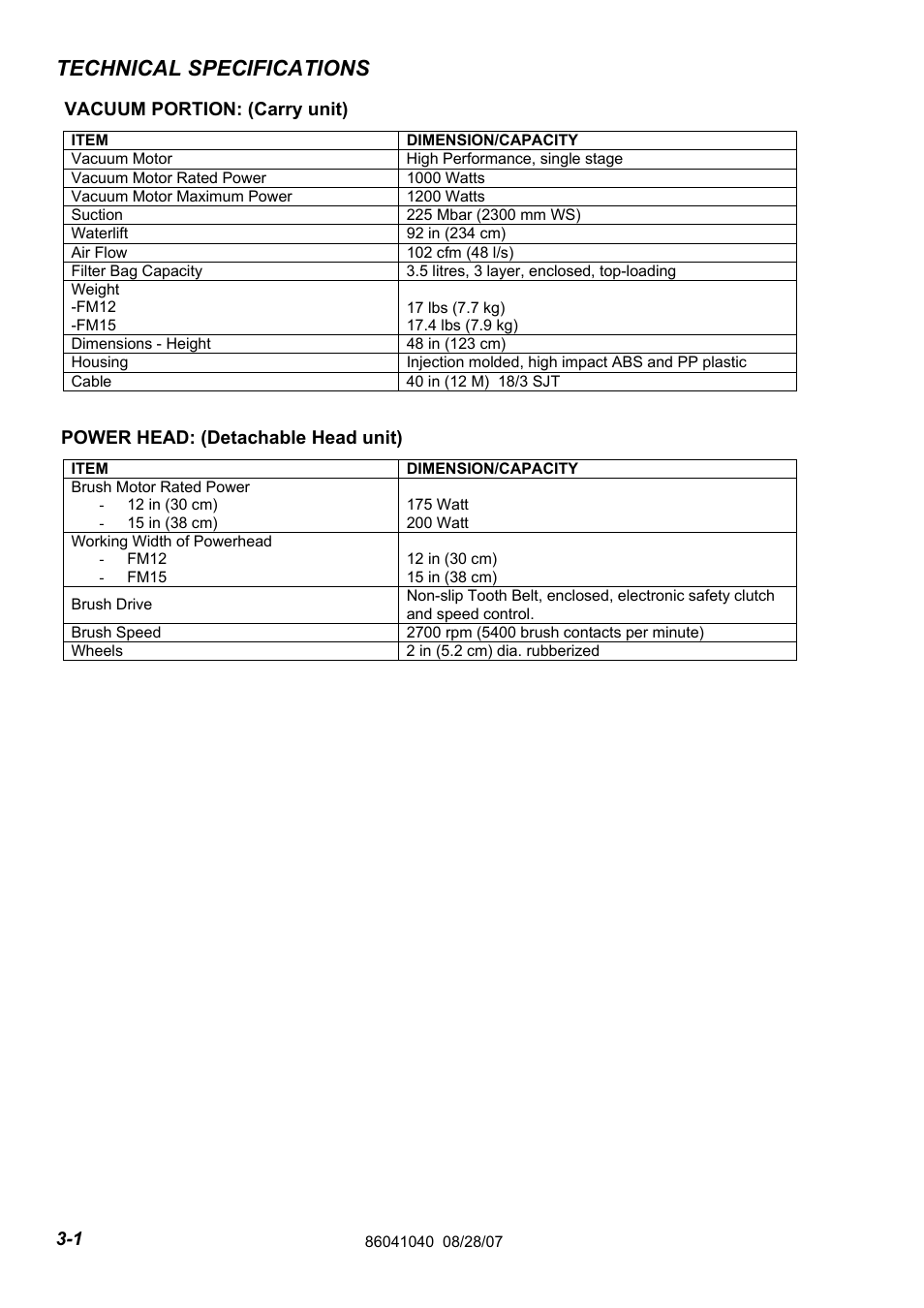 86041040 pg 3-1eng, Technical specifications | Windsor Flexamatic FM15 10120040 User Manual | Page 8 / 47