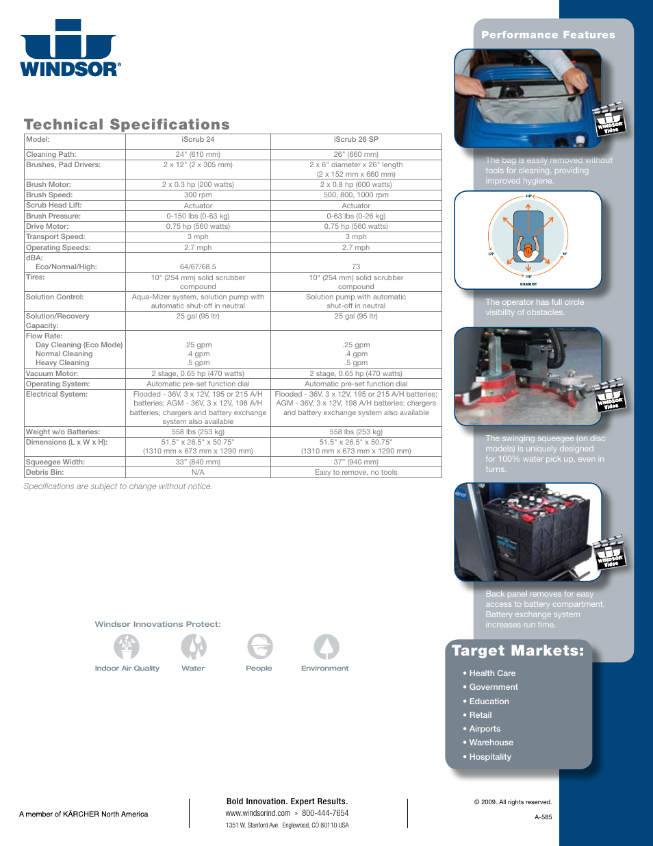 Target markets, Technical specifications, Performance features | Windsor Chariot iScrub User Manual | Page 4 / 4