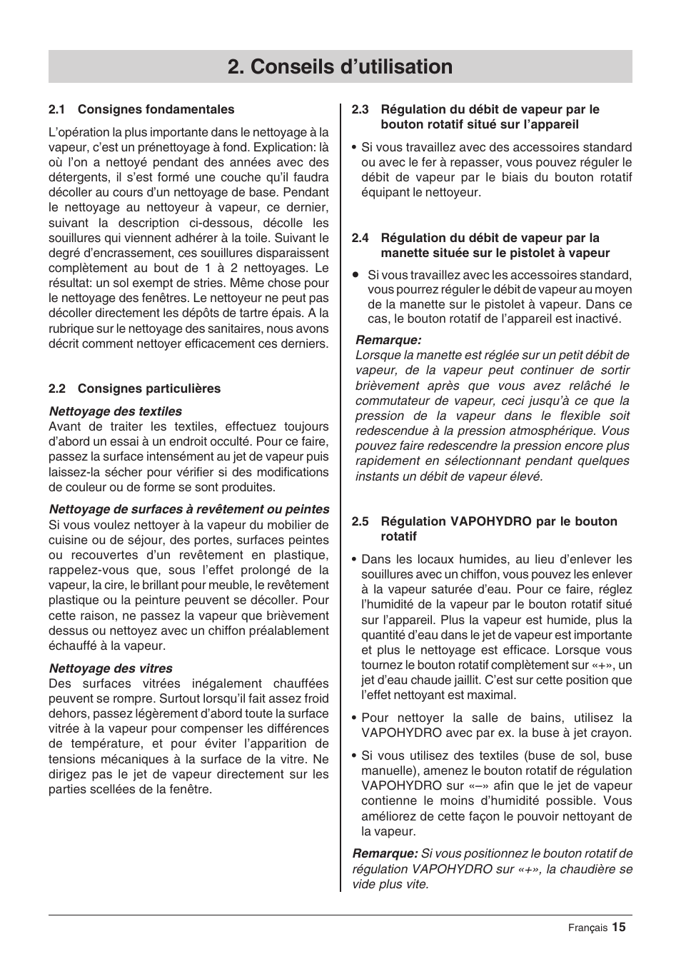 Conseils d’utilisation | Windsor Zephyr User Manual | Page 15 / 33
