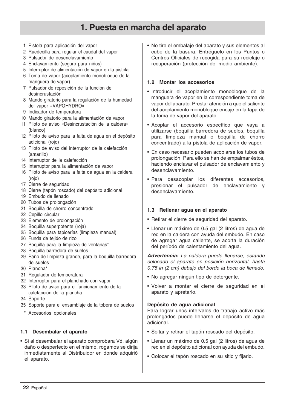 Puesta en marcha del aparato | Windsor Zephyr User Manual | Page 22 / 33