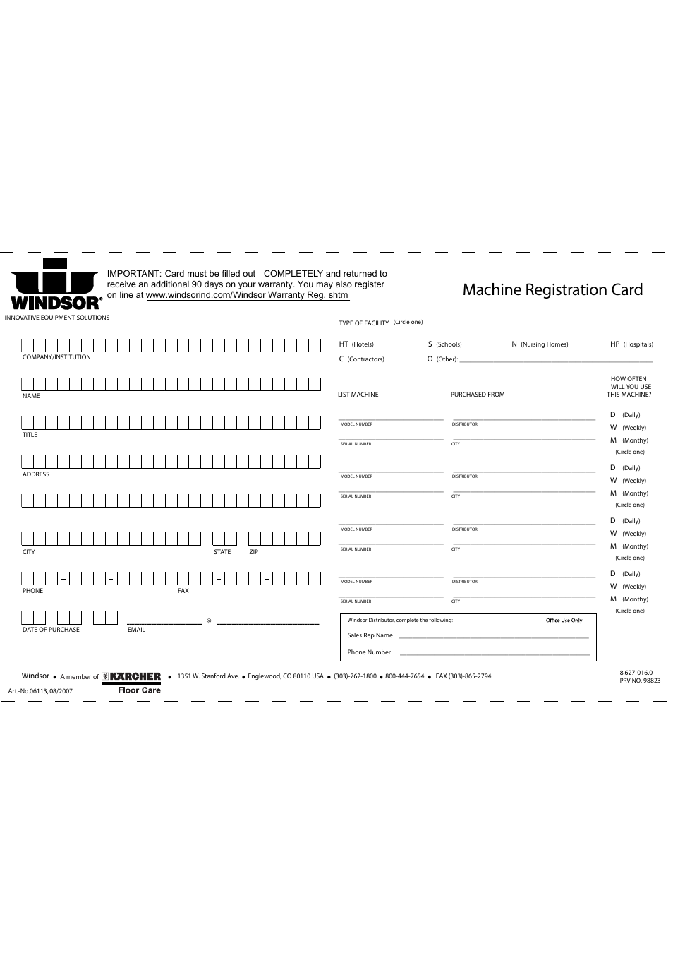 Machine registration card | Windsor Sensor S15 User Manual | Page 17 / 18