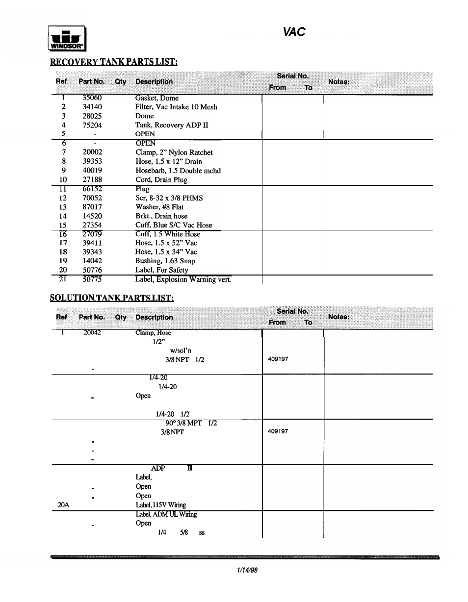 Tanks and hose assembly parts list | Windsor ADMIRAL PLUS ADP User Manual | Page 17 / 26