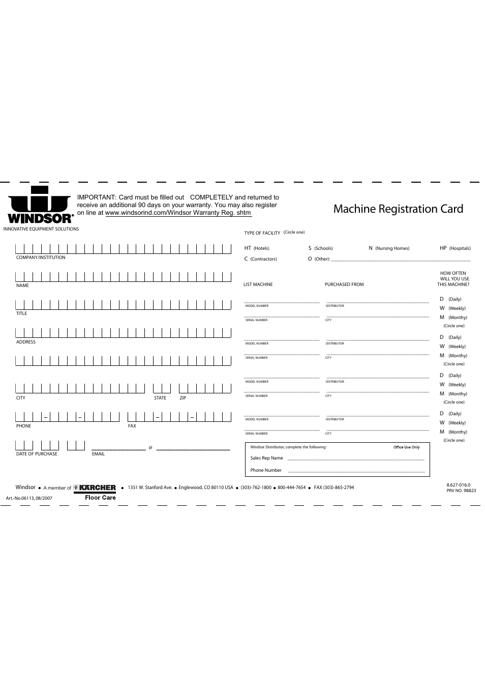 Machine registration card | Windsor Sensor XP12 User Manual | Page 17 / 18