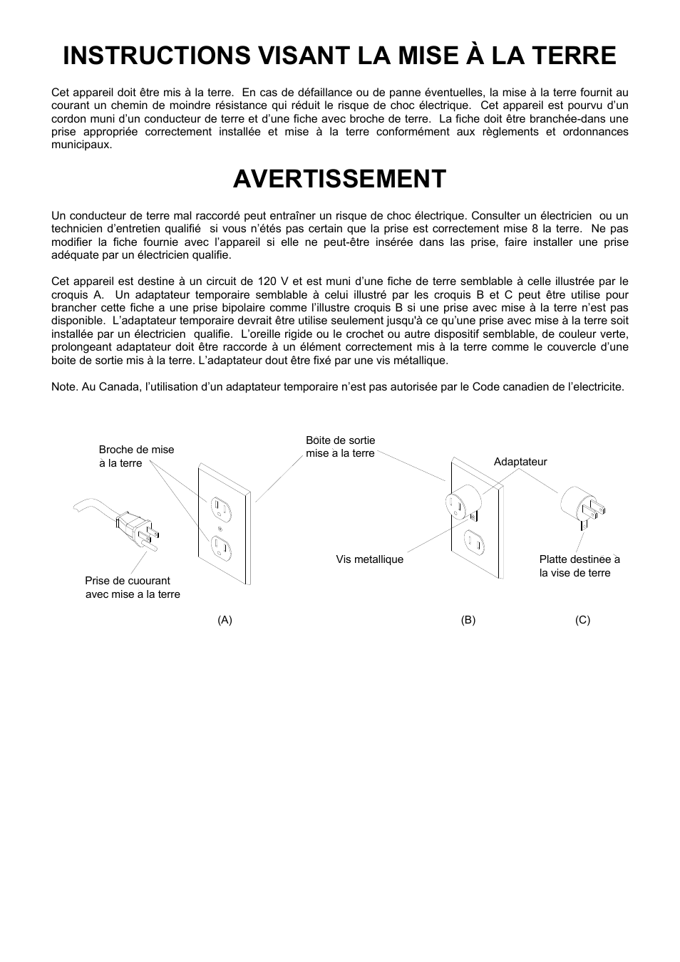 Instructions visant la mise à la terre, Avertissement | Windsor Versamatic Plus 10120380 User Manual | Page 5 / 22
