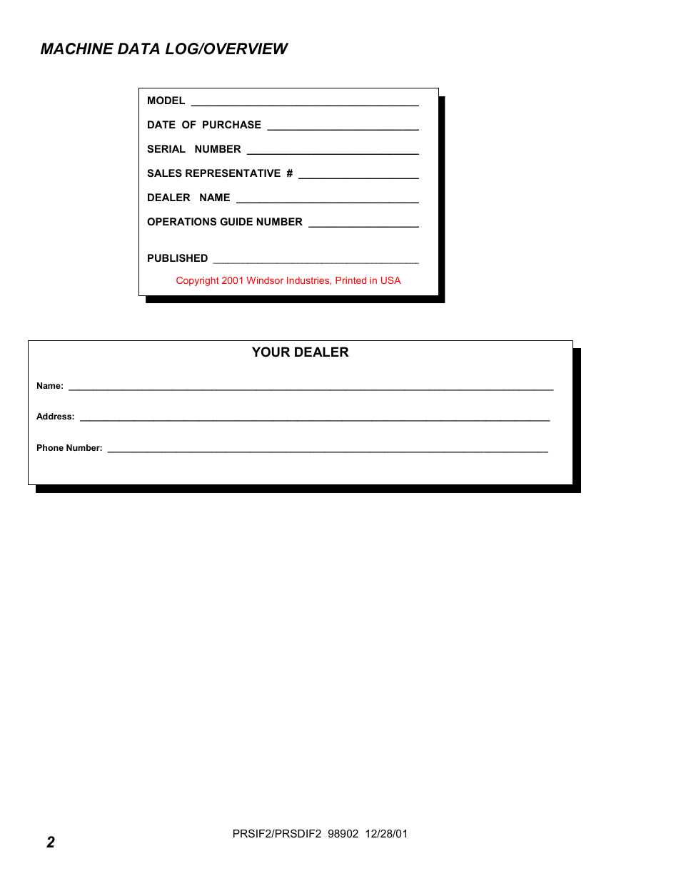 Machine data log/overview | Windsor PRESTO PRSD2 User Manual | Page 2 / 22