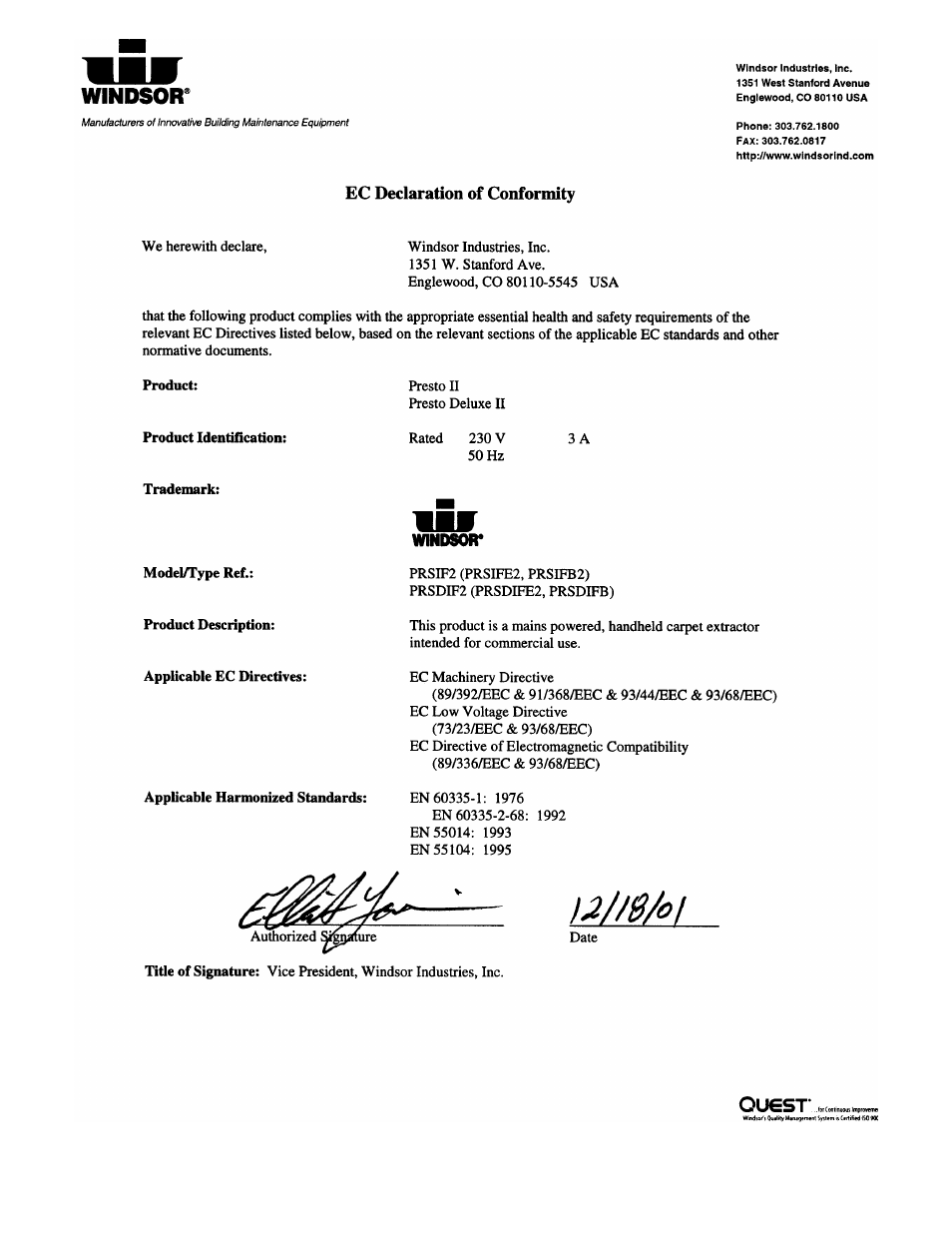 Windsor PRESTO PRSD2 User Manual | Page 22 / 22