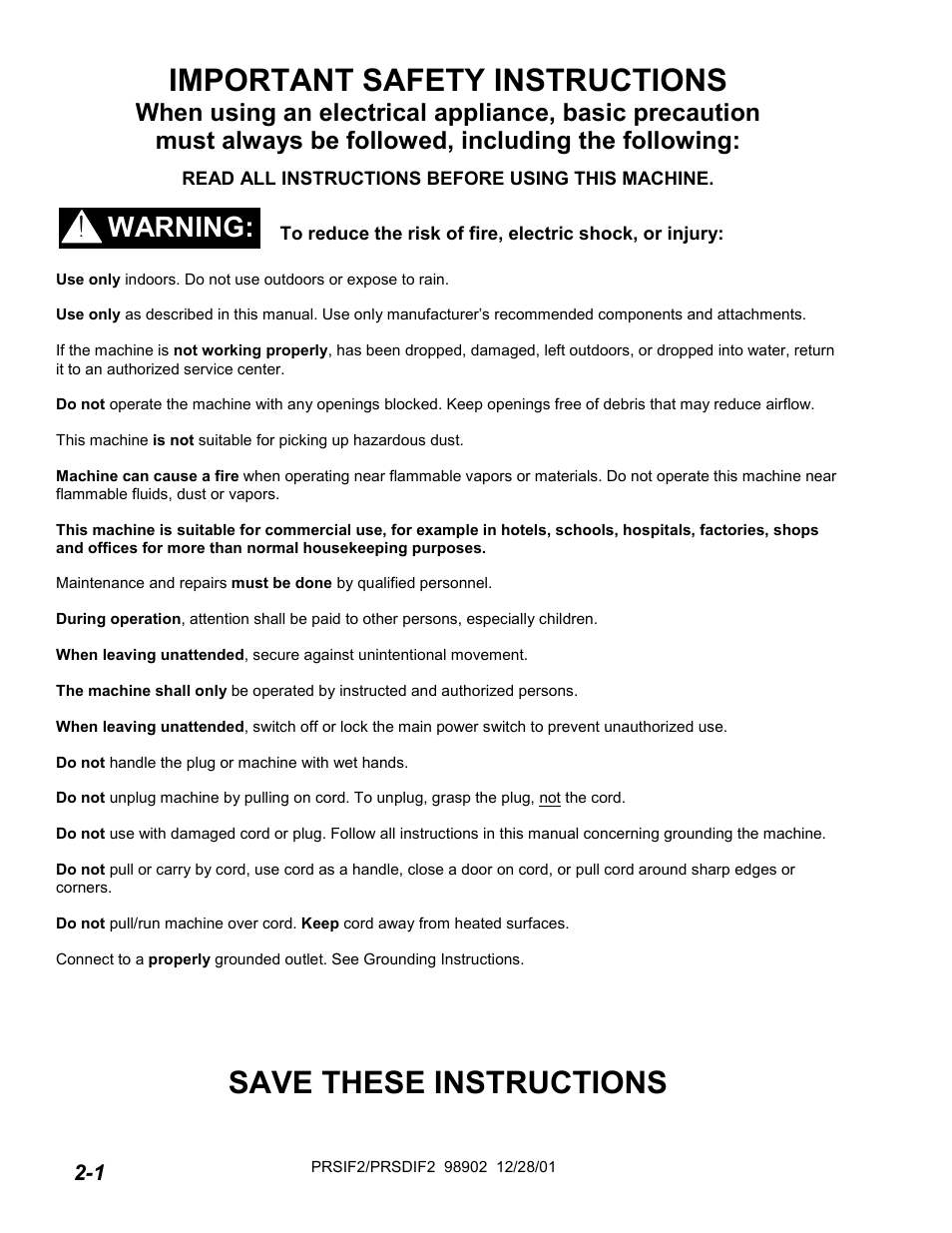Save these instructions, Important safety instructions, Warning | Windsor PRESTO PRSD2 User Manual | Page 6 / 22