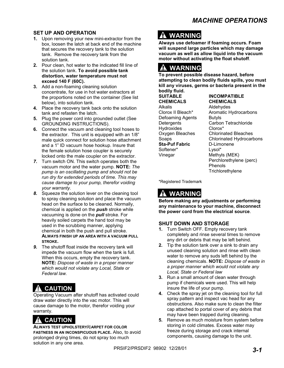 Set up and operation, Machine operations, Warning | Warning ! warning, Caution | Windsor PRESTO PRSD2 User Manual | Page 9 / 22