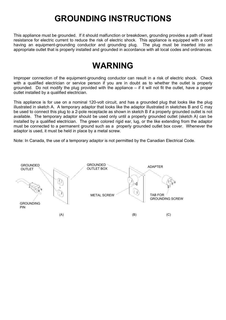 Grounding instructions, Warning | Windsor Sensor SRXP12 User Manual | Page 4 / 18