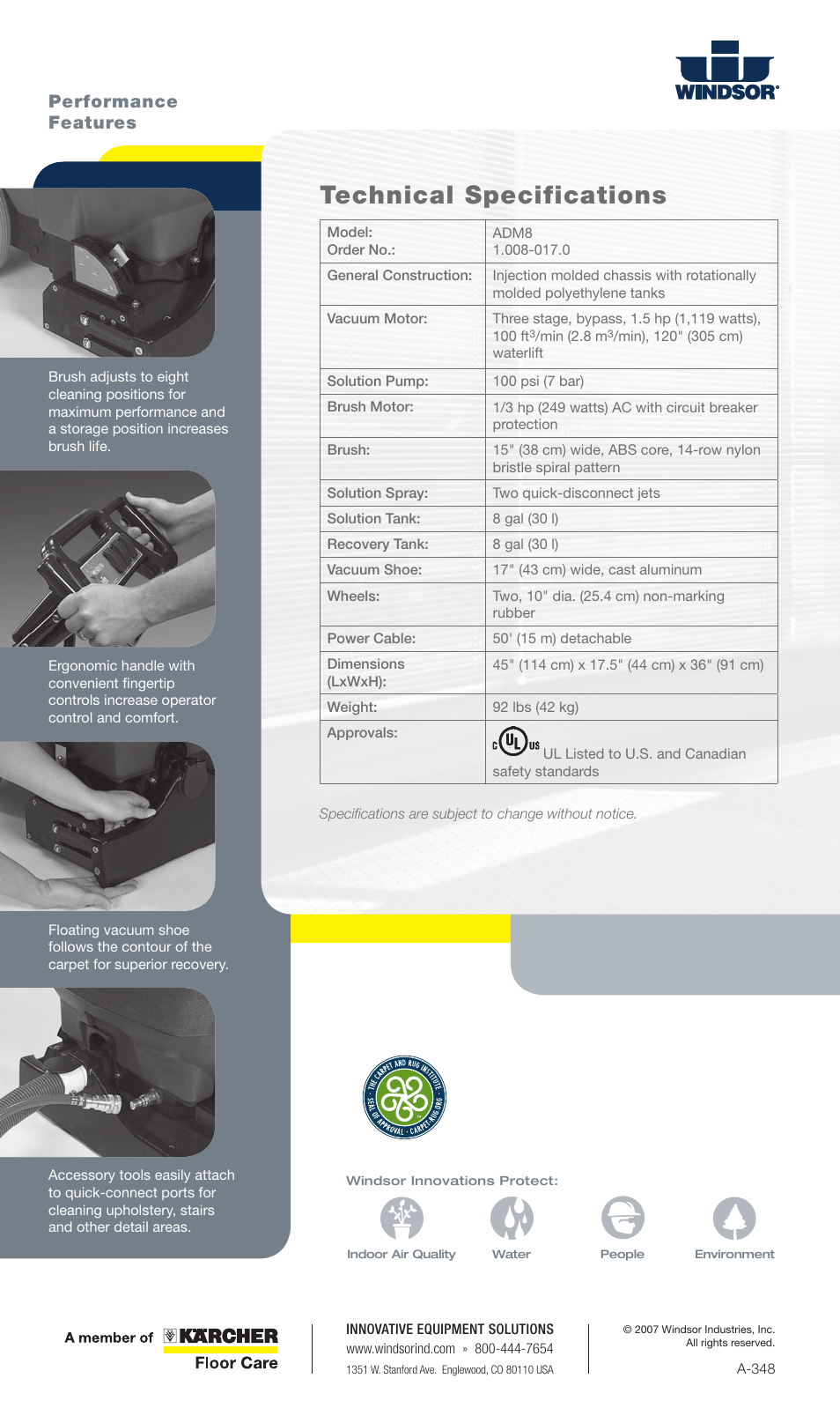 Technical specifications, Performance features | Windsor Admiral 8 User Manual | Page 2 / 2