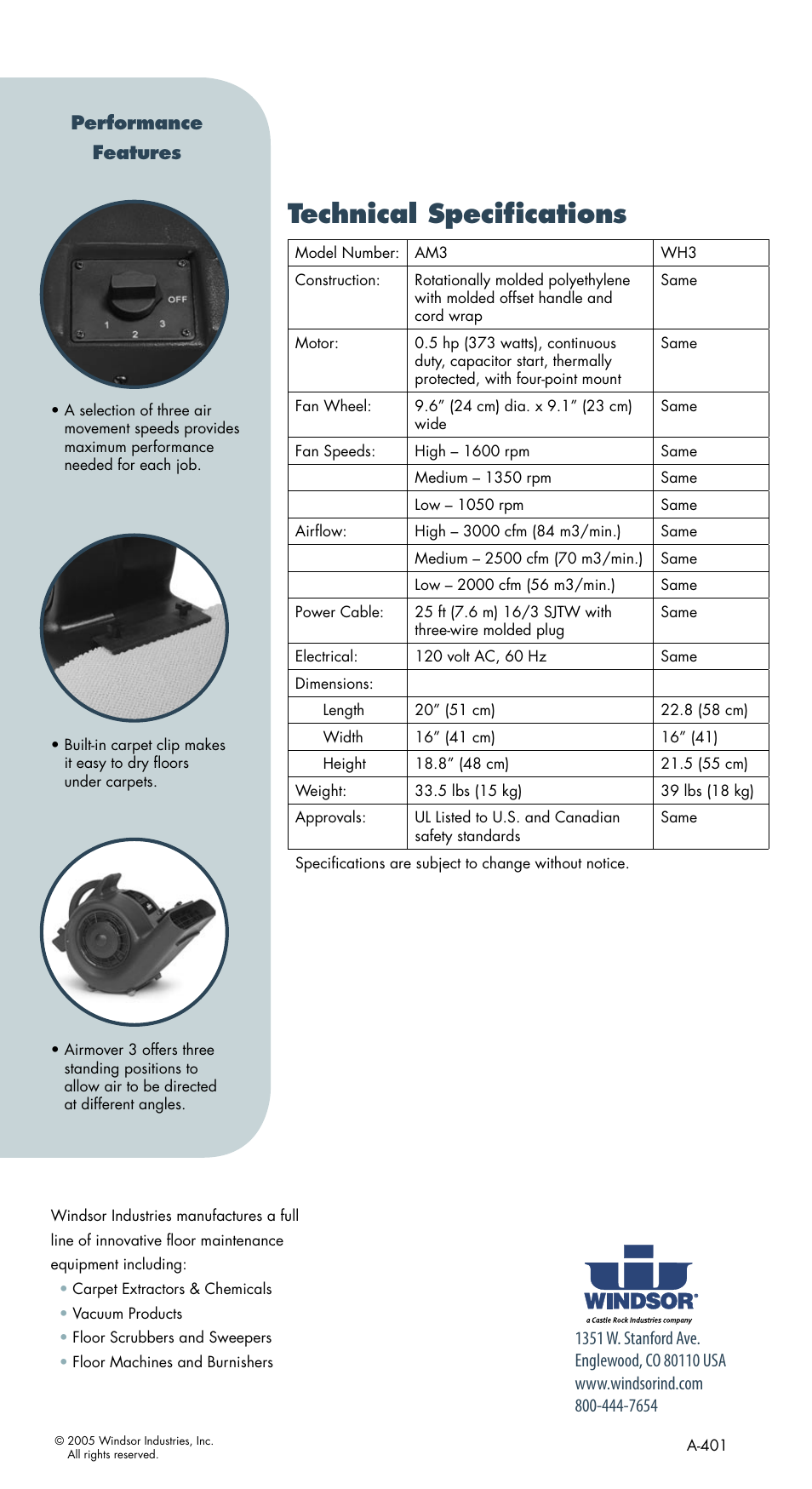 Technical speciﬁcations, Performance features | Windsor Portable Machine WindHandler 3 User Manual | Page 2 / 2