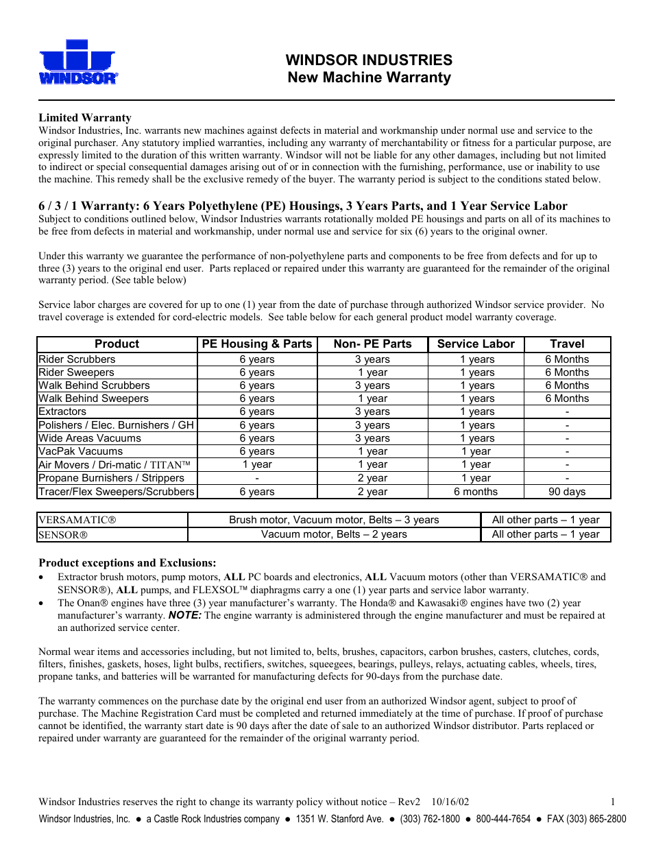 Windsor industries new machine warranty | Windsor D250 (115V) User Manual | Page 19 / 20