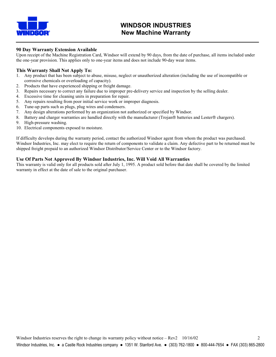 Windsor industries new machine warranty | Windsor D250 (115V) User Manual | Page 20 / 20