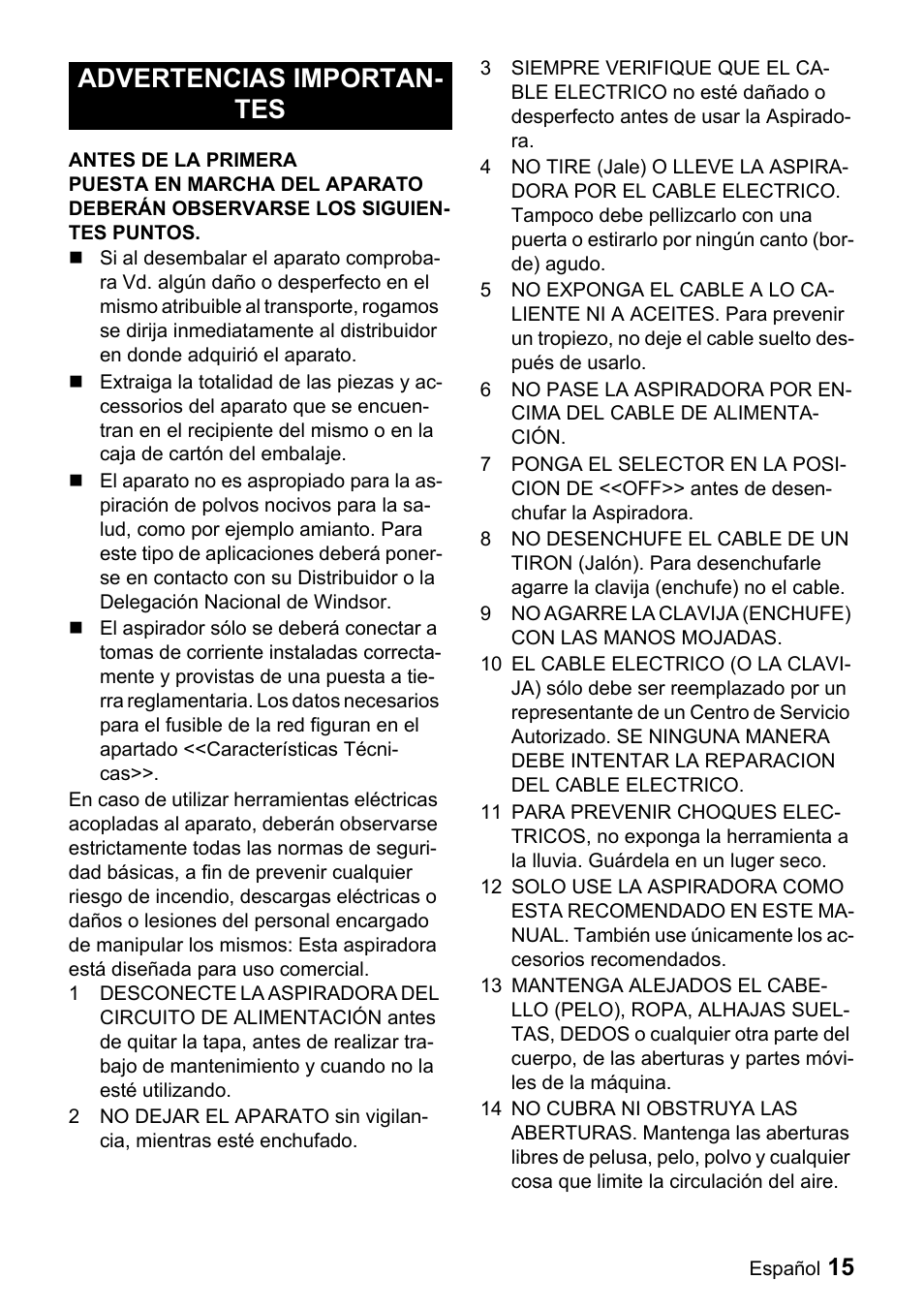 Advertencias importan- tes | Windsor Recover 12 User Manual | Page 15 / 25