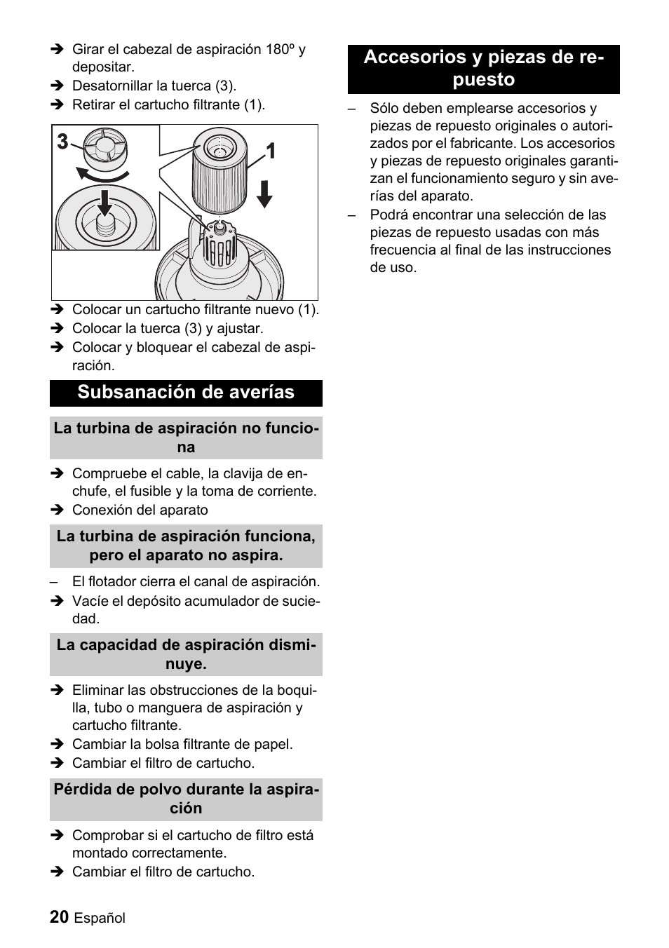 Subsanación de averías, Accesorios y piezas de re- puesto | Windsor Recover 12 User Manual | Page 20 / 25