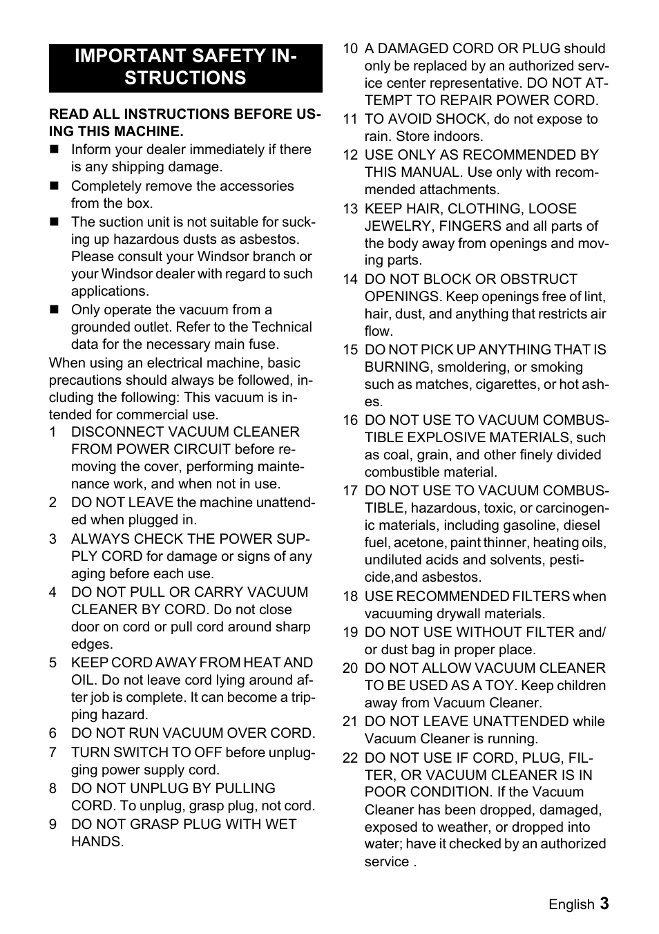 Important safety in- structions | Windsor Recover 12 User Manual | Page 3 / 25