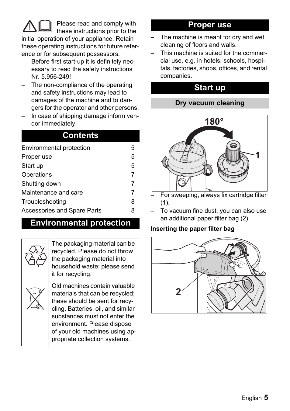 Contents environmental protection, Proper use start up | Windsor Recover 12 User Manual | Page 5 / 25