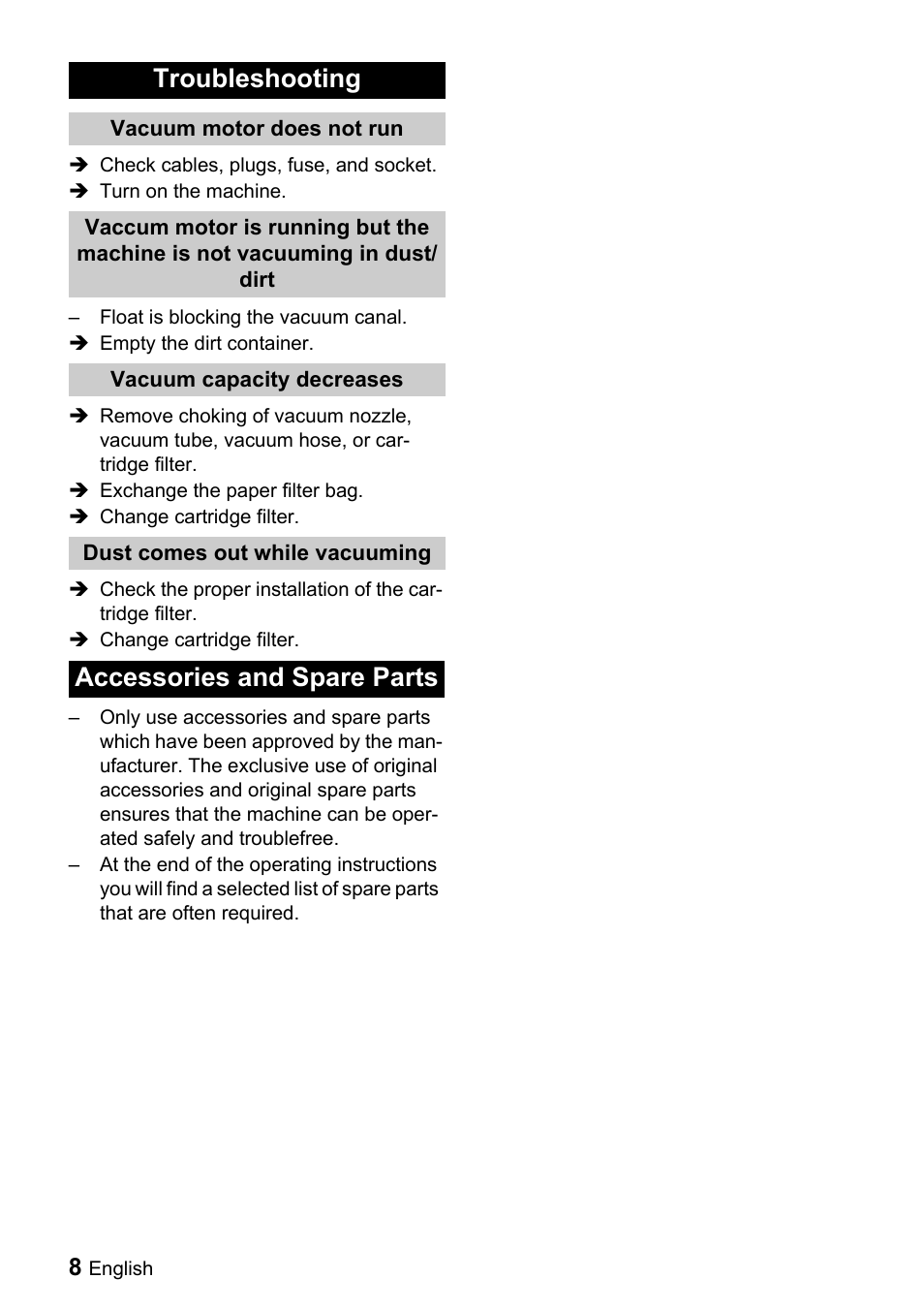 Troubleshooting, Accessories and spare parts | Windsor Recover 12 User Manual | Page 8 / 25