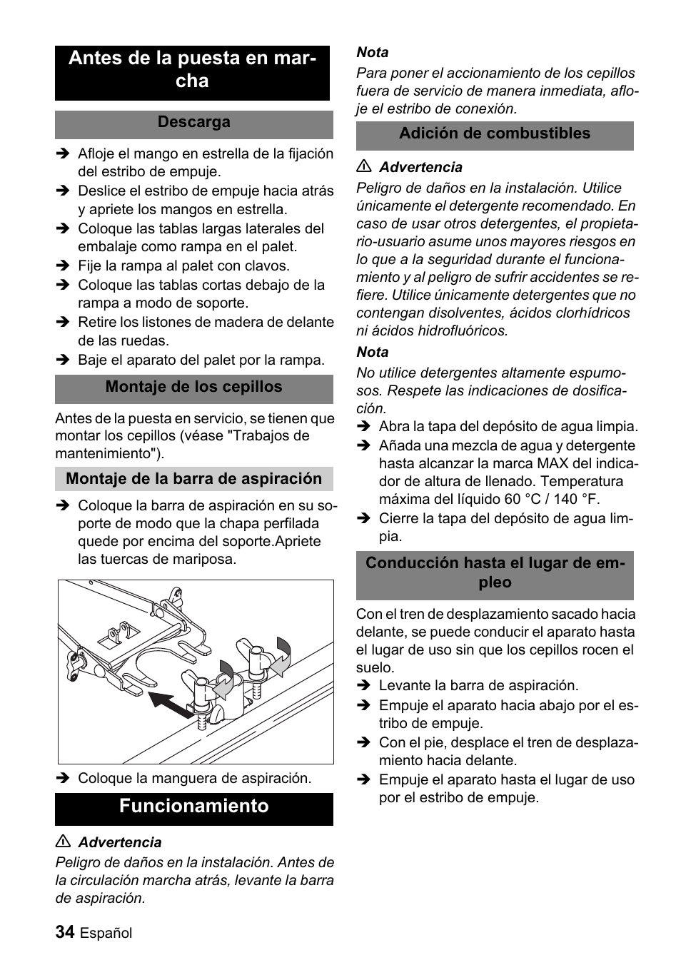 Antes de la puesta en mar- cha, Funcionamiento | Windsor Saber Compact 16 User Manual | Page 34 / 44