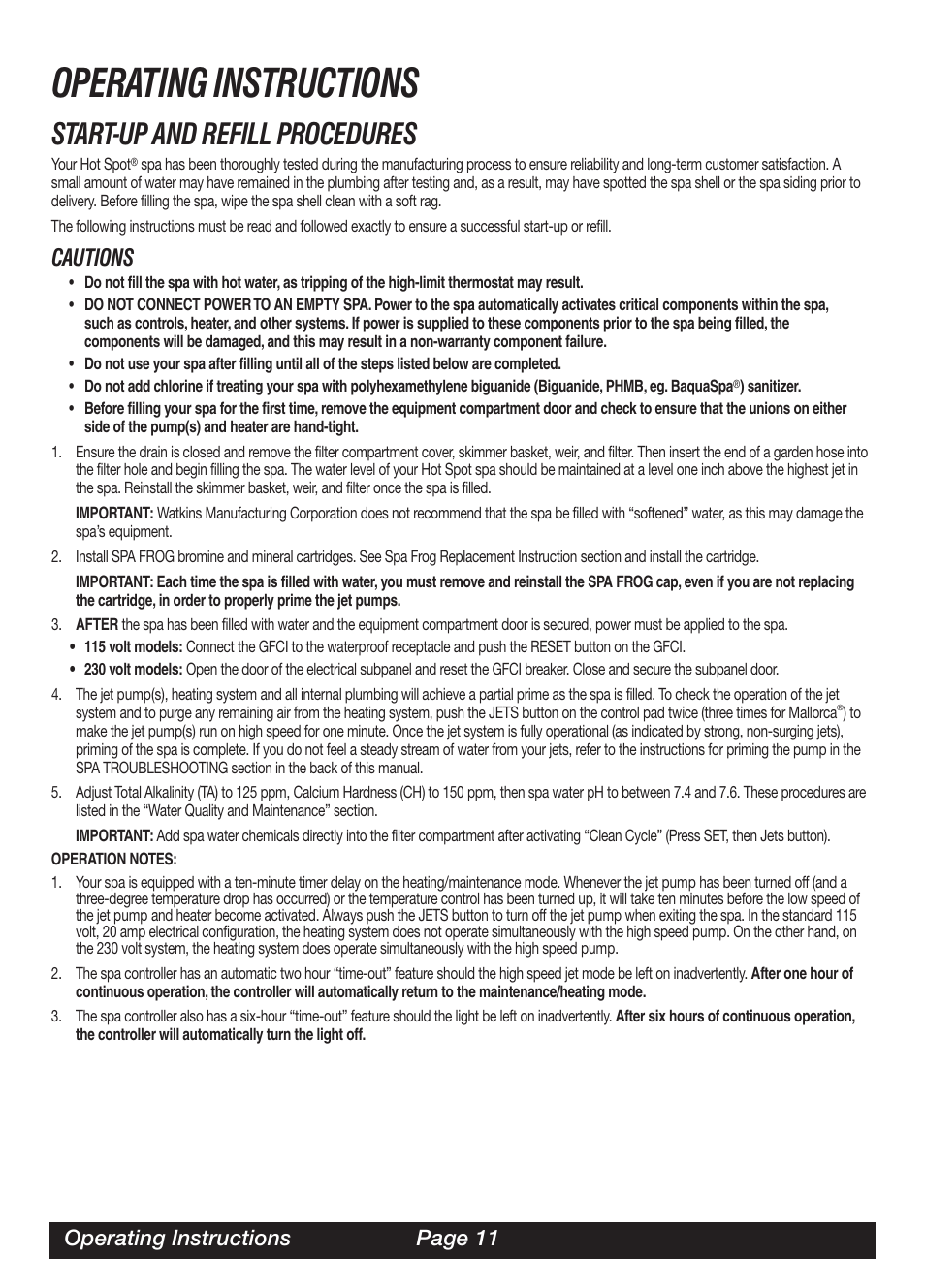 Operating instructions, Start-up and refill procedures, Cautions | Operating instructions page 11 | Watkins SOR User Manual | Page 14 / 39