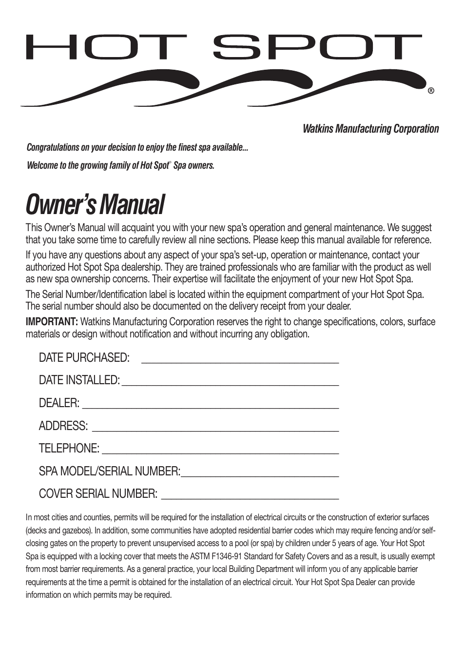 Owner’s manual | Watkins SOR User Manual | Page 2 / 39