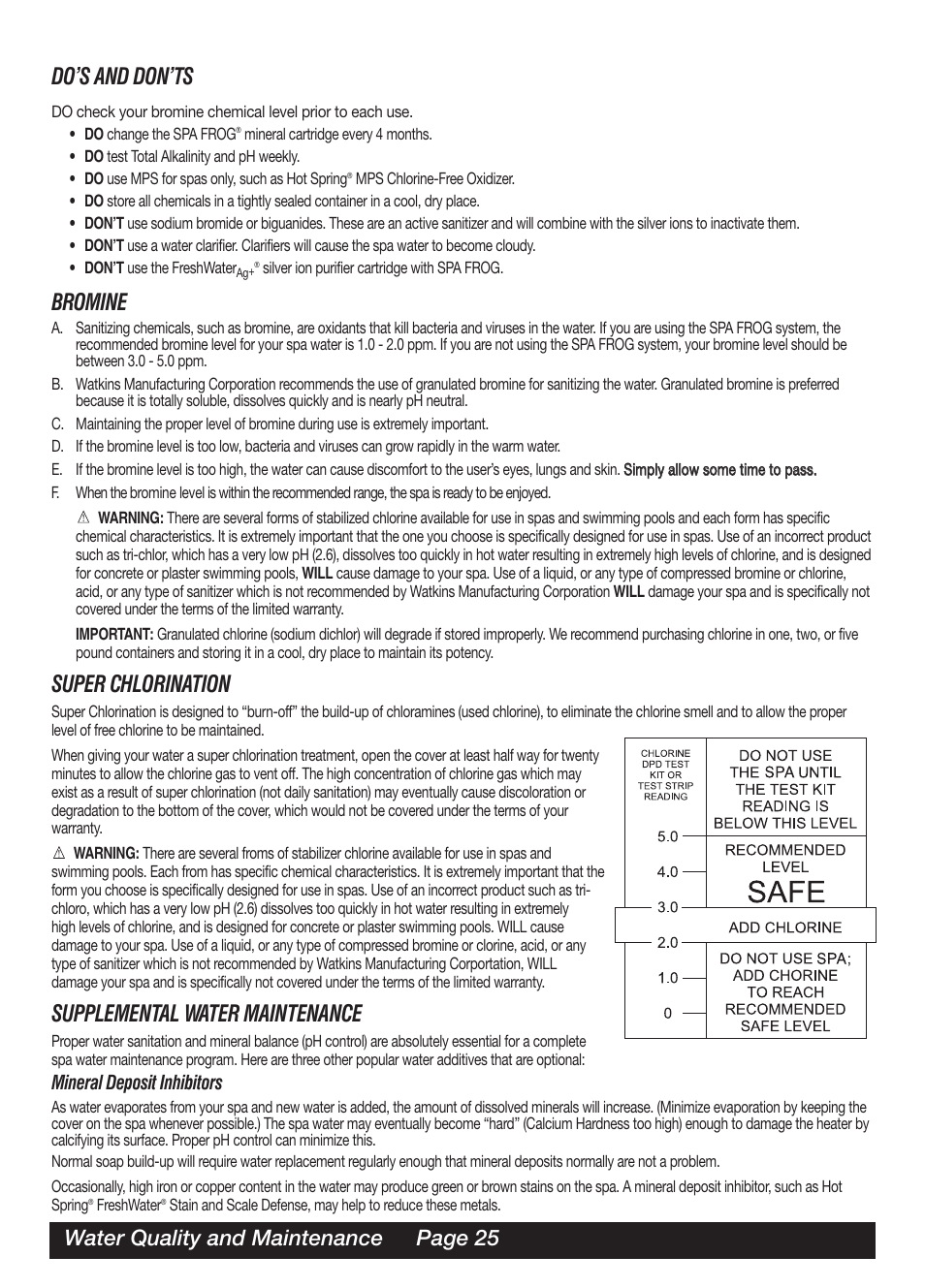 Do’s and don’ts, Bromine, Super chlorination | Supplemental water maintenance, Water quality and maintenance page 25, Mineral deposit inhibitors | Watkins SOR User Manual | Page 28 / 39