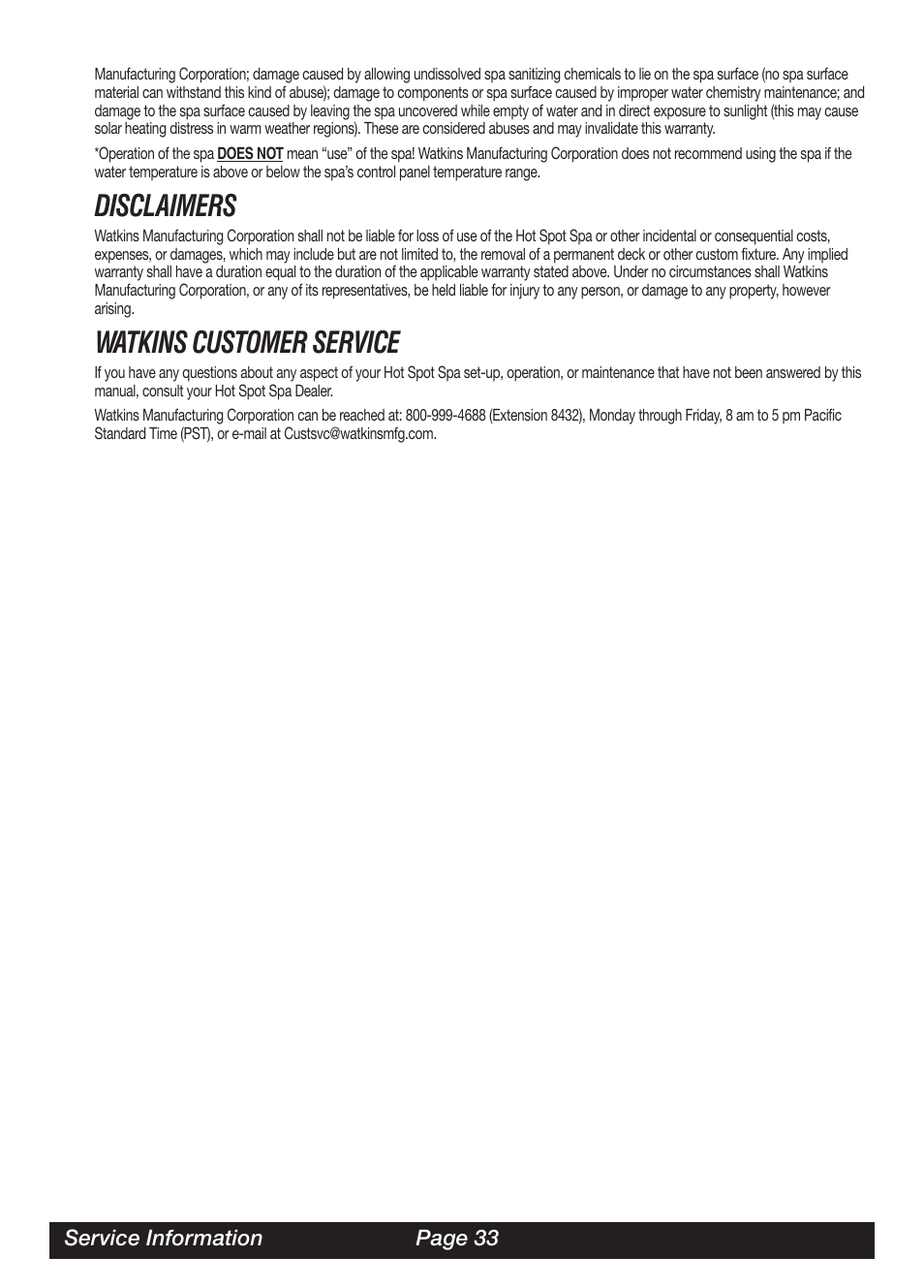 Disclaimers, Watkins customer service | Watkins SOR User Manual | Page 36 / 39