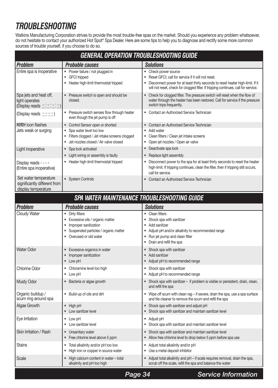 Troubleshooting, General operation troubleshooting guide, Spa water maintenance troubleshooting guide | Page 34 service information, Problem probable causes solutions | Watkins SOR User Manual | Page 37 / 39