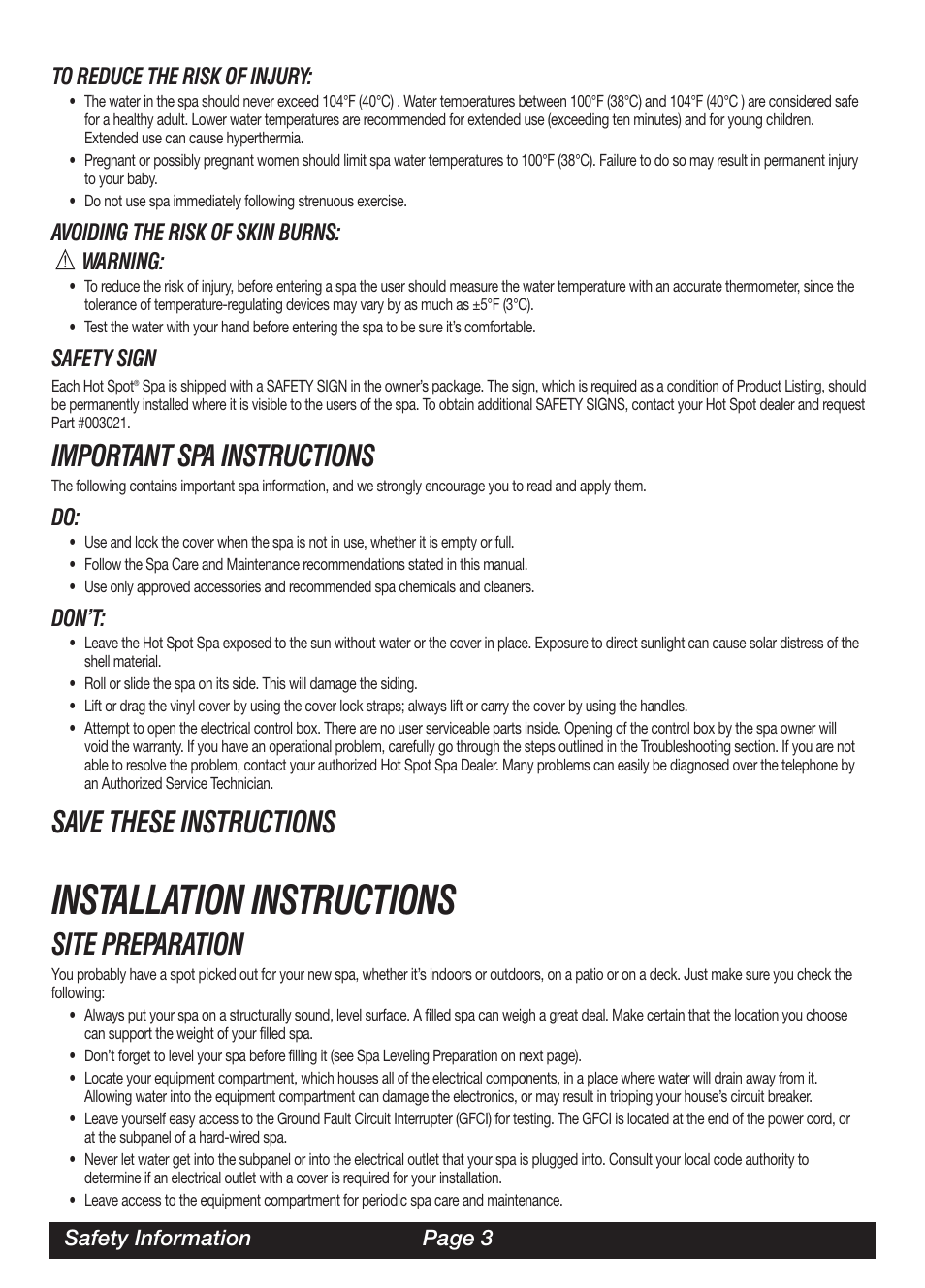 Installation instructions, Important spa instructions, Save these instructions | Site preparation, Avoiding the risk of skin burns: warning, Safety sign, Don’t | Watkins SOR User Manual | Page 6 / 39