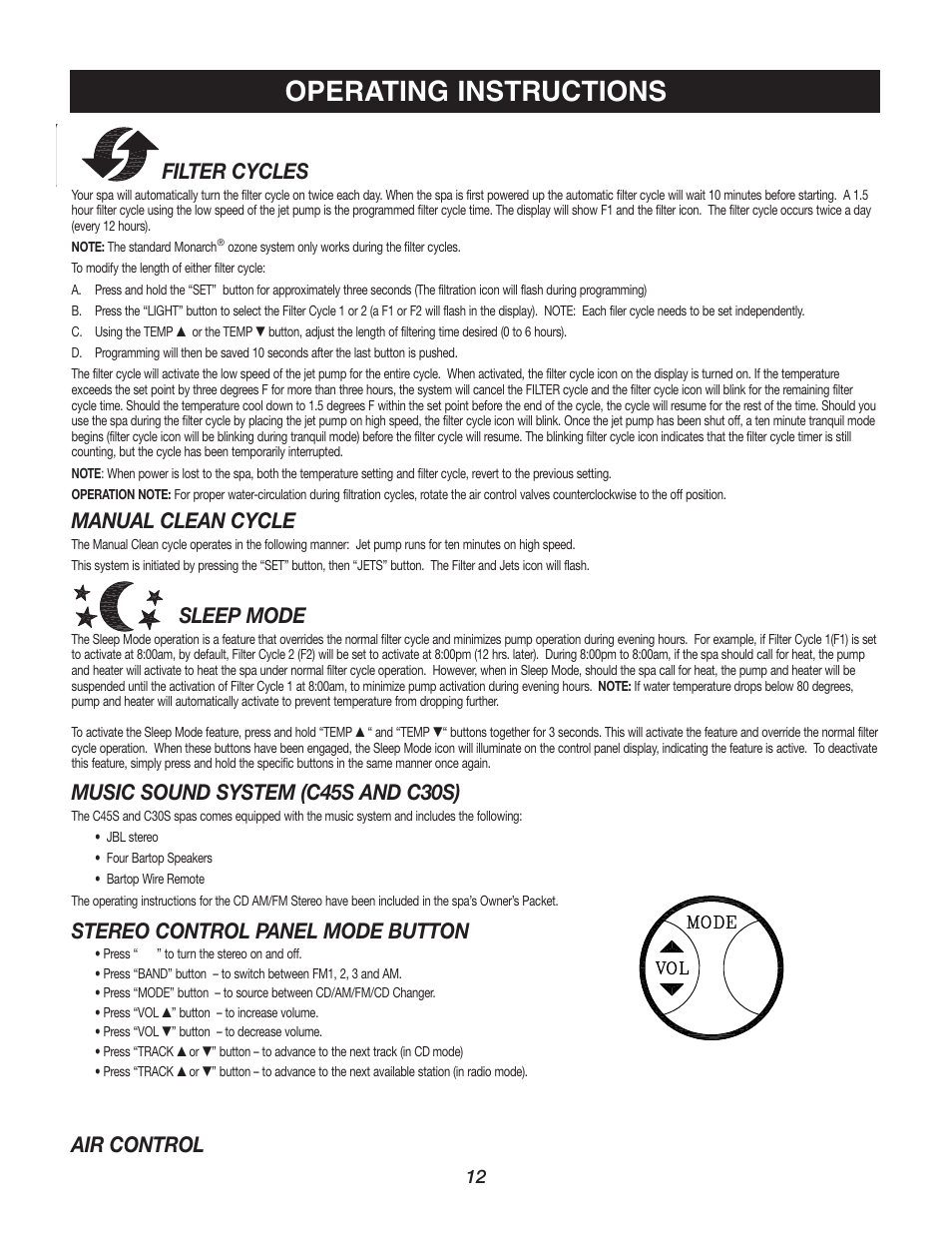 Operating instructions, Filter cycles, Manual clean cycle | Sleep mode, Music sound system (c45s and c30s), Stereo control panel mode button, Air control | Watkins C45S User Manual | Page 15 / 32