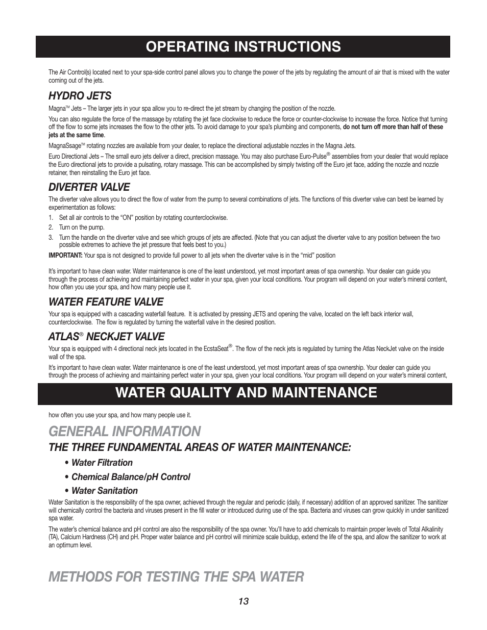 General information, Water quality and maintenance, Hydro jets | Diverter valve, Water feature valve, Atlas, Neckjet valve, The three fundamental areas of water maintenance | Watkins C45S User Manual | Page 16 / 32