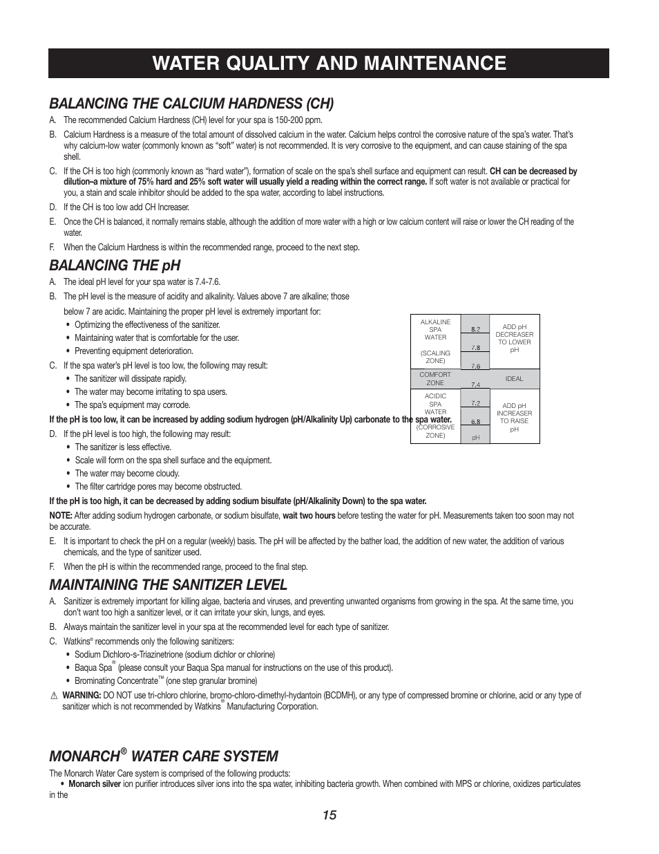 Water quality and maintenance, Balancing the calcium hardness (ch), Balancing the ph | Maintaining the sanitizer level, Monarch, Water care system | Watkins C45S User Manual | Page 18 / 32