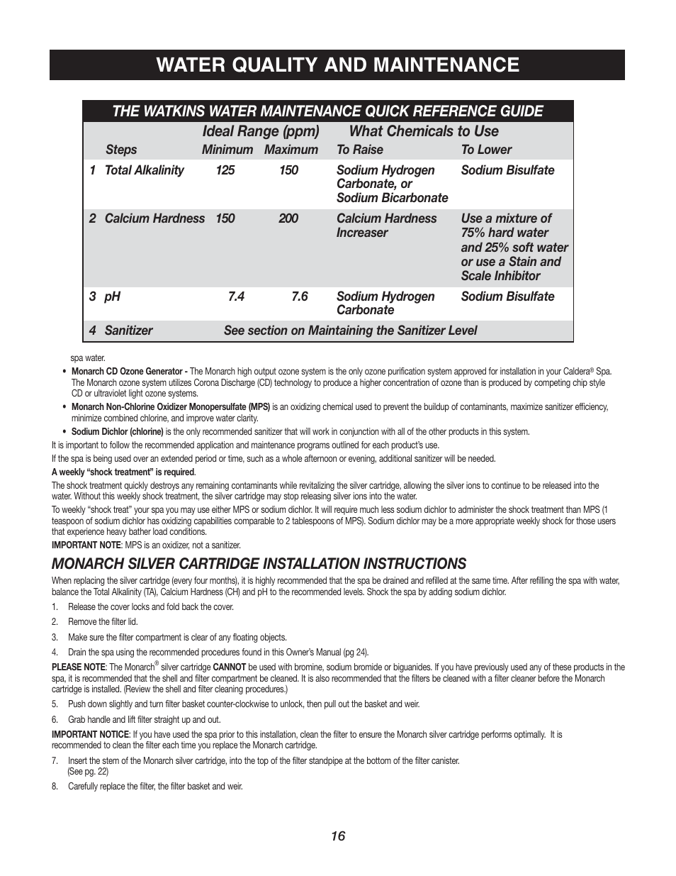 Water quality and maintenance, Monarch silver cartridge installation instructions | Watkins C45S User Manual | Page 19 / 32