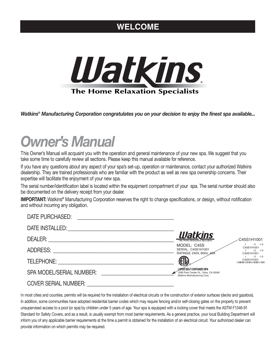 Owner’s manual, Welcome | Watkins C45S User Manual | Page 2 / 32