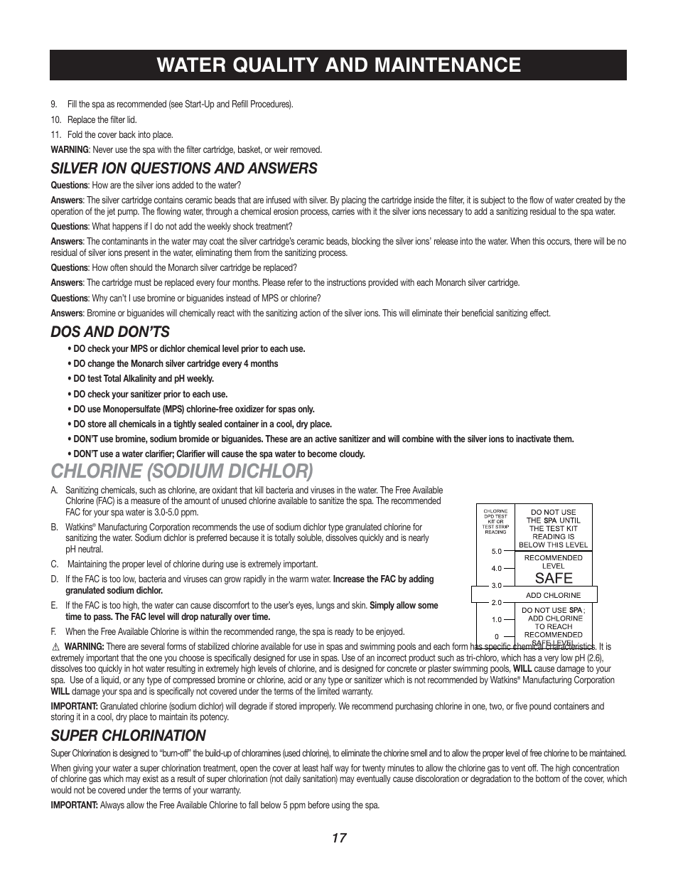 Chlorine (sodium dichlor), Water quality and maintenance, Silver ion questions and answers | Dos and don’ts, Super chlorination | Watkins C45S User Manual | Page 20 / 32