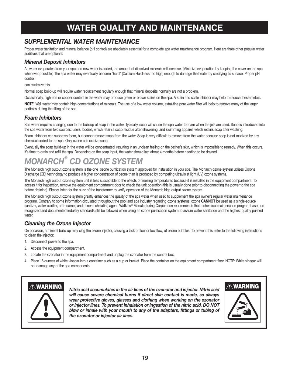 Water quality and maintenance, Monarch, Cd ozone system | Supplemental water maintenance, Warning | Watkins C45S User Manual | Page 22 / 32