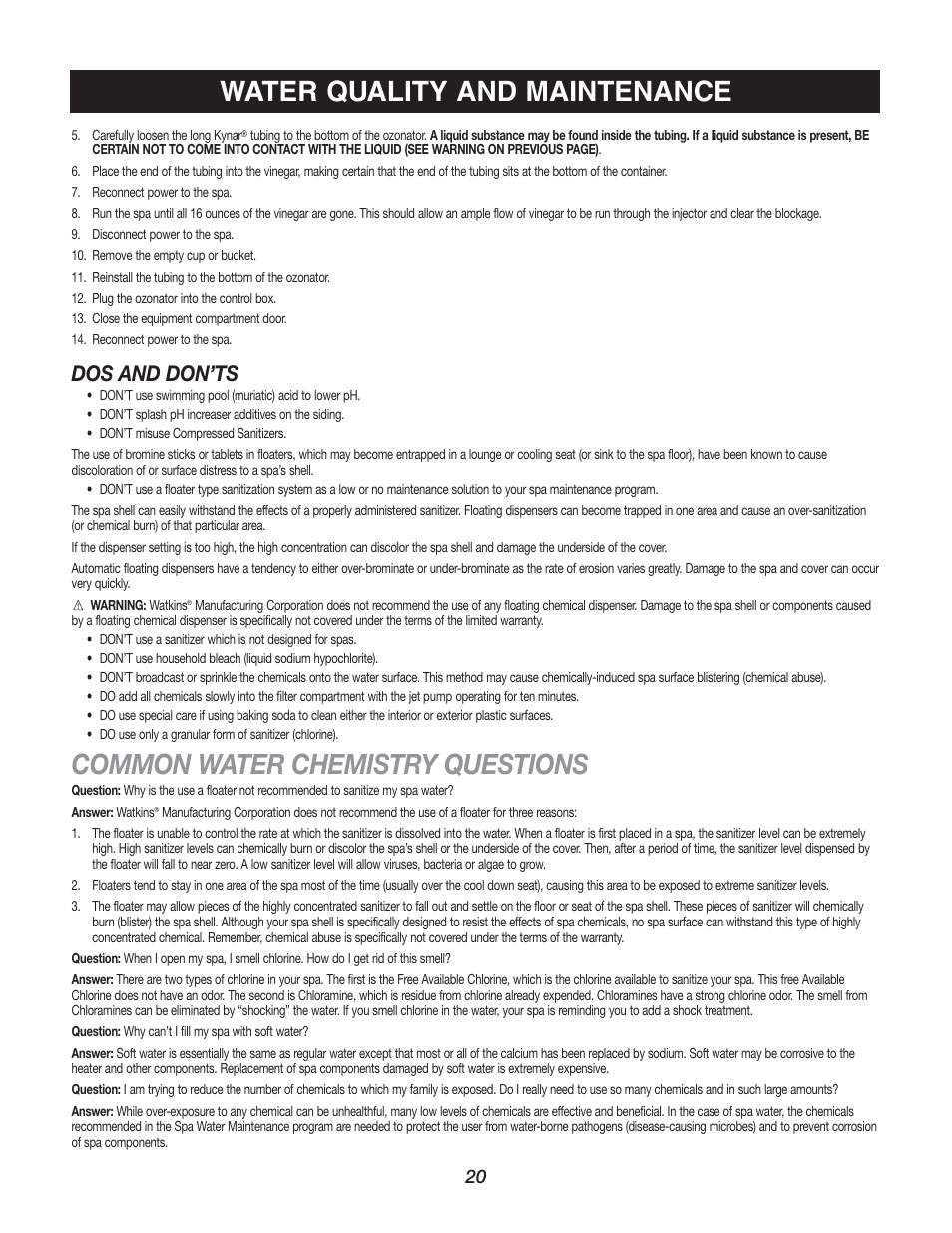 Common water chemistry questions, Water quality and maintenance, Dos and don’ts | Watkins C45S User Manual | Page 23 / 32