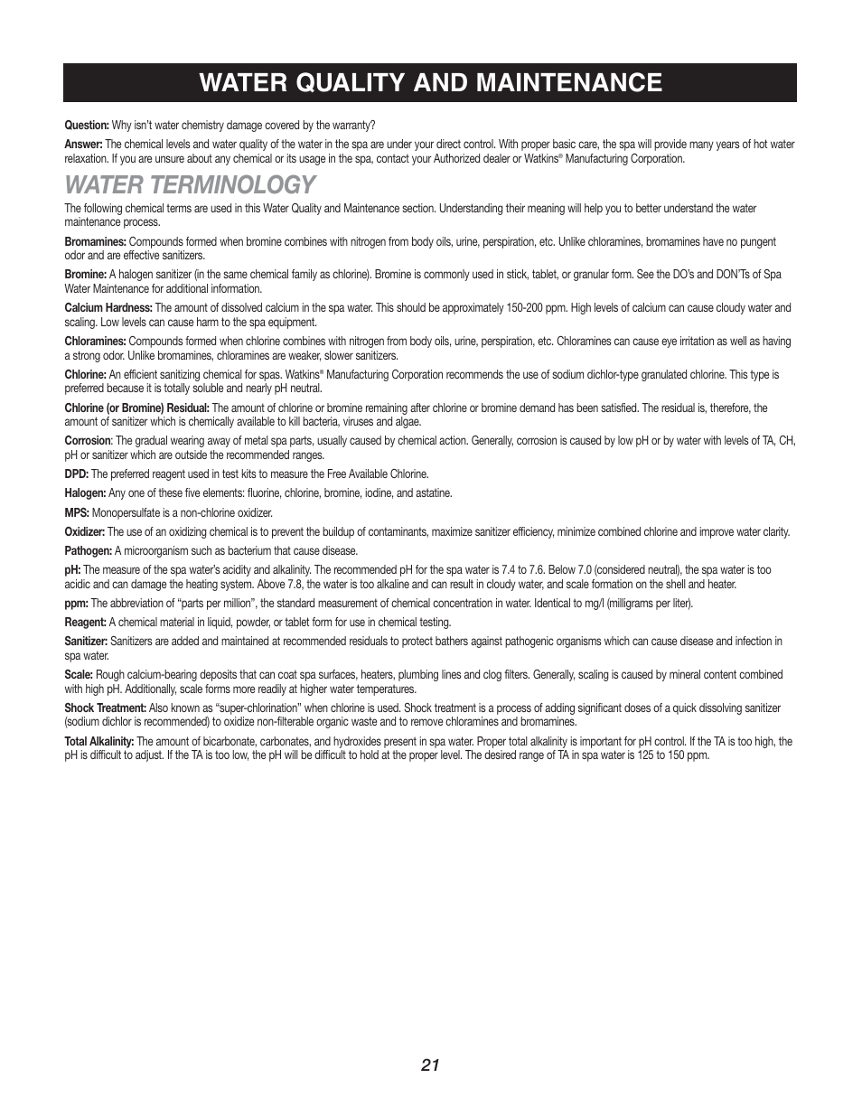 Water terminology, Water quality and maintenance | Watkins C45S User Manual | Page 24 / 32