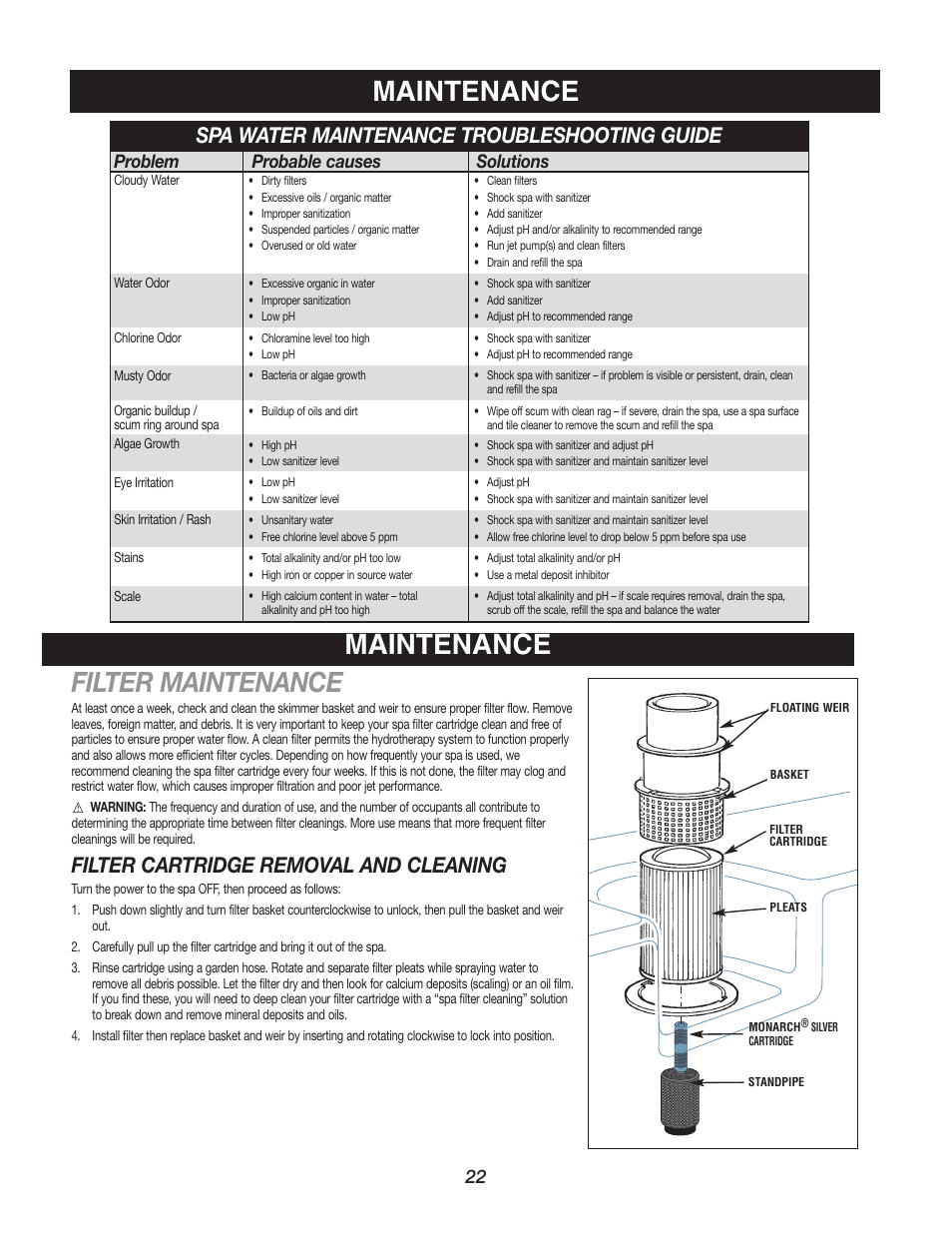 Filter maintenance, Maintenance, Filter cartridge removal and cleaning | Spa water maintenance troubleshooting guide, Problem probable causes solutions | Watkins C45S User Manual | Page 25 / 32