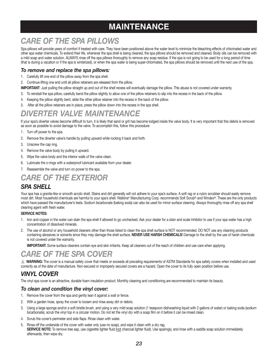 Maintenance, Care of the spa pillows, Diverter valve maintenance | Care of the exterior, Care of the spa cover, Spa shell, Vinyl cover | Watkins C45S User Manual | Page 26 / 32