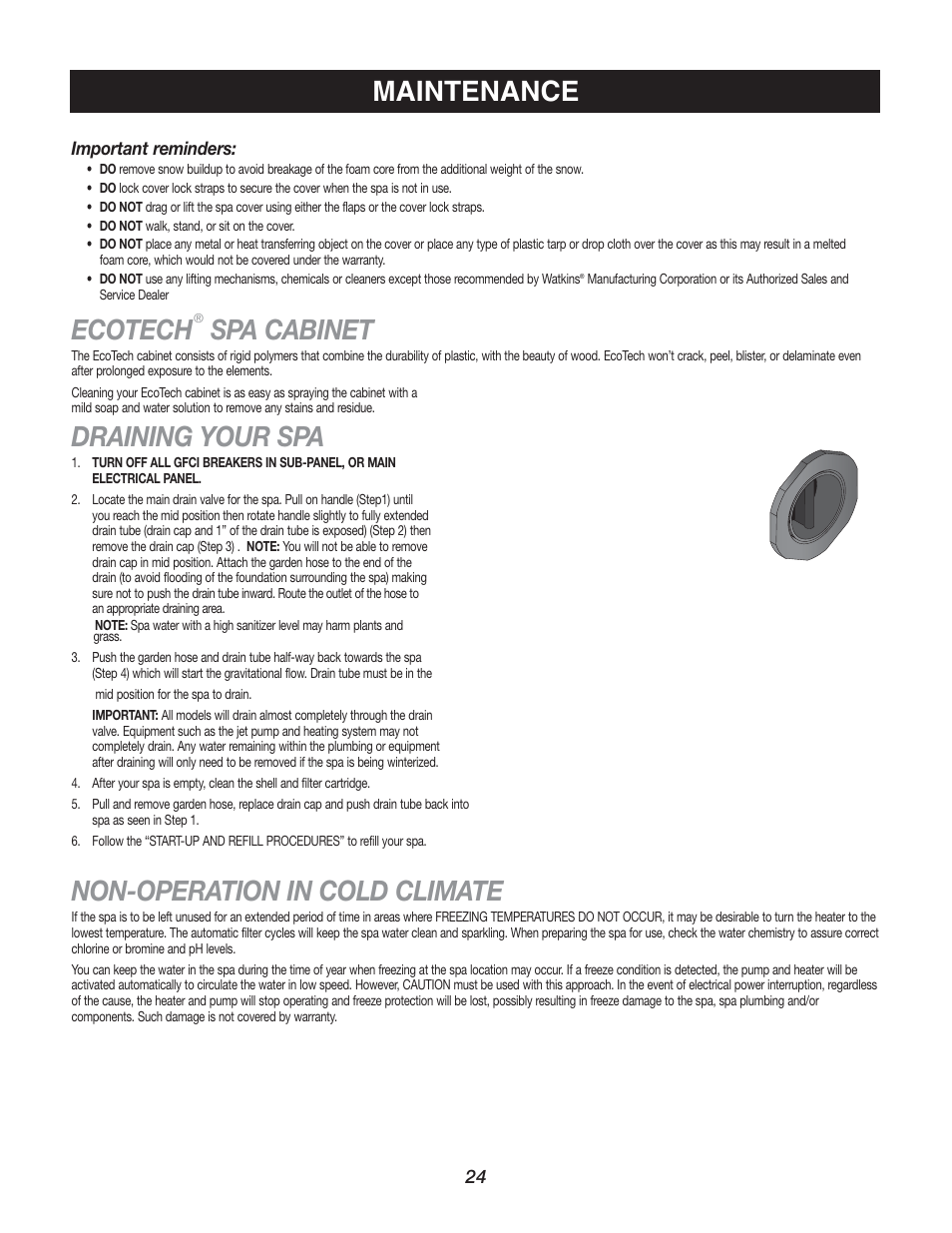 Ecotech, Spa cabinet, Draining your spa | Non-operation in cold climate, Maintenance | Watkins C45S User Manual | Page 27 / 32