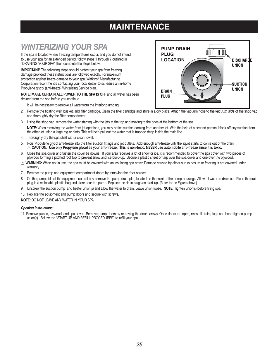 Winterizing your spa, Maintenance | Watkins C45S User Manual | Page 28 / 32