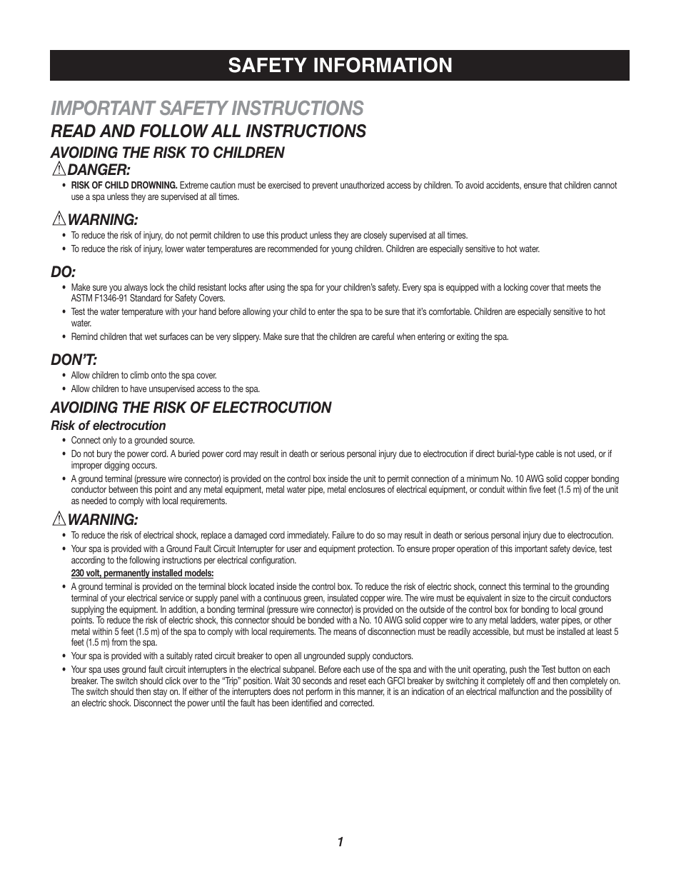 Important safety instructions, Safety information, Read and follow all instructions | Avoiding the risk to children danger, Warning, Don’t, Avoiding the risk of electrocution | Watkins C45S User Manual | Page 4 / 32