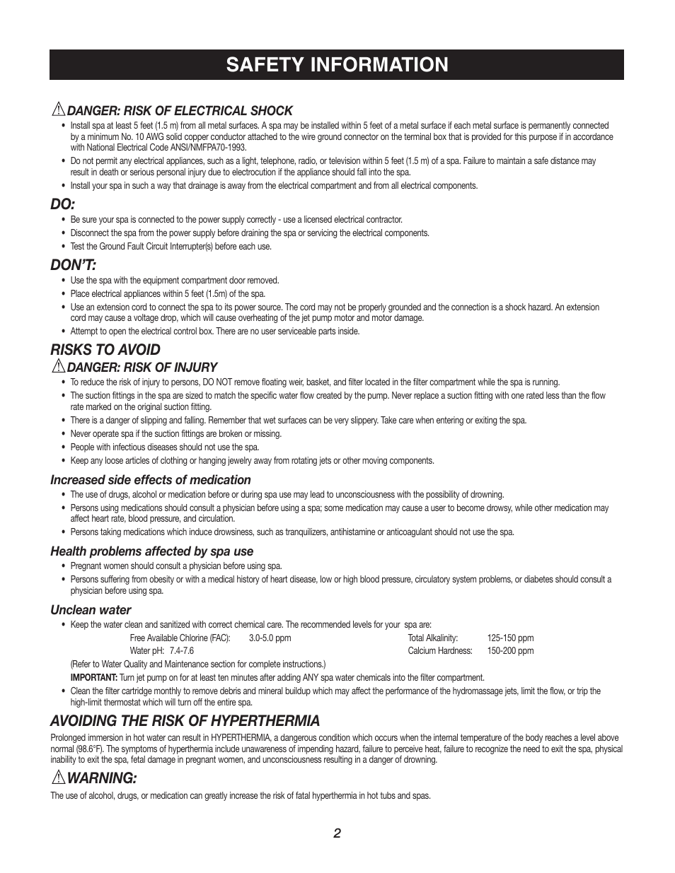 Safety information, Don’t, Risks to avoid | Avoiding the risk of hyperthermia, Warning | Watkins C45S User Manual | Page 5 / 32