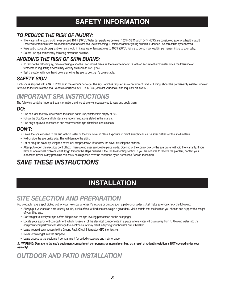 Important spa instructions, Outdoor and patio installation safety information, Installation | Watkins C45S User Manual | Page 6 / 32