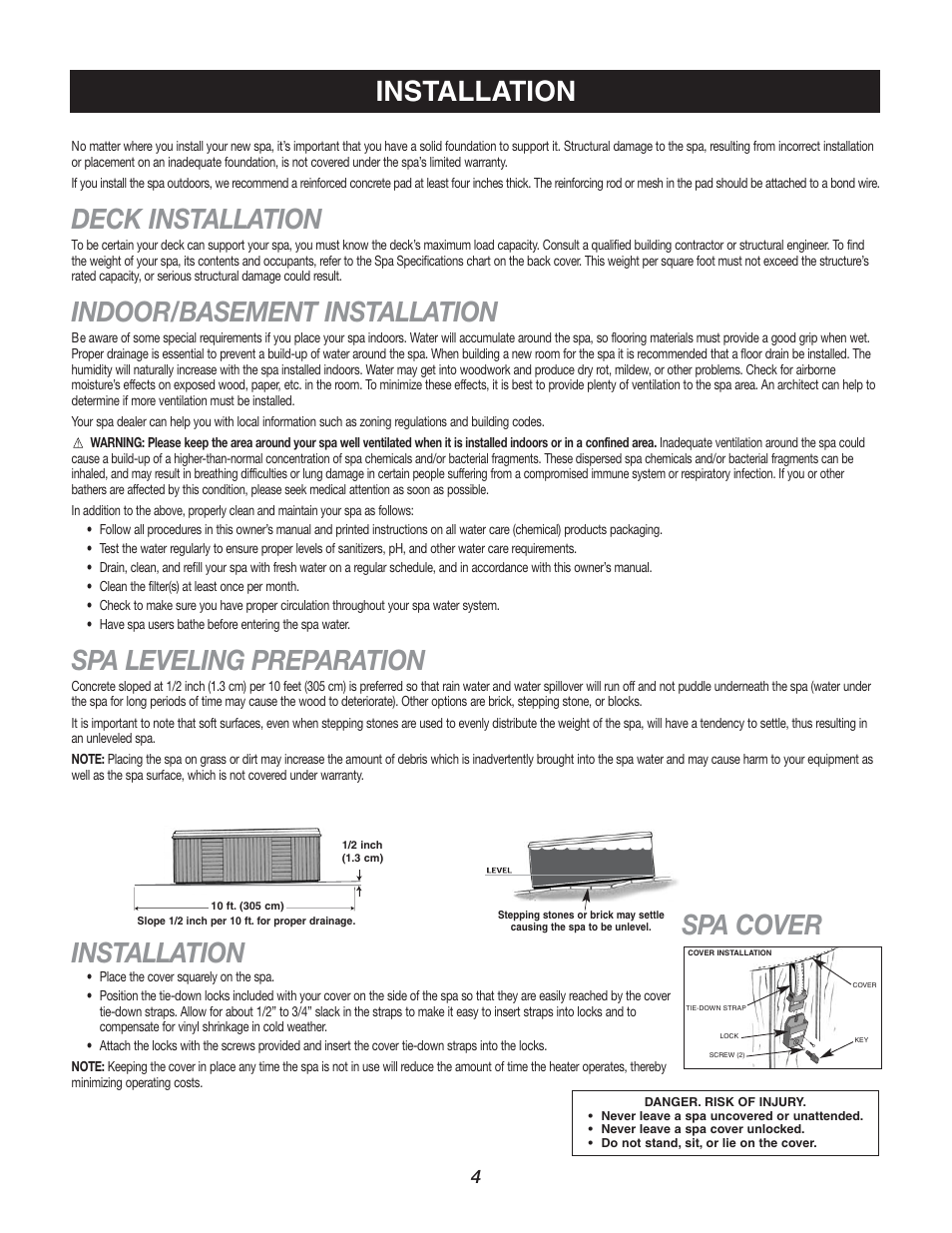 Deck installation, Indoor/basement installation, Spa leveling preparation | Spa cover installation, Installation | Watkins C45S User Manual | Page 7 / 32