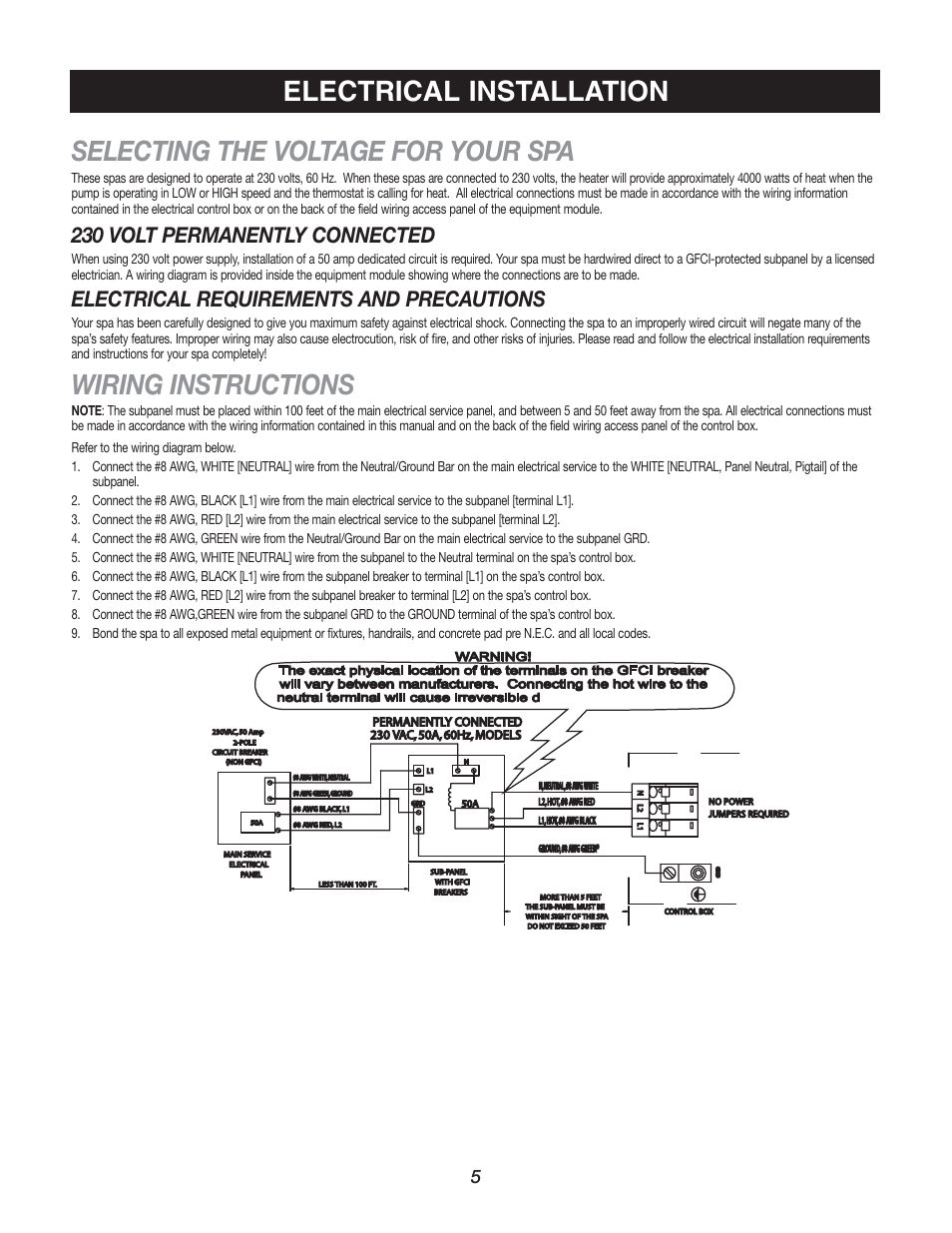 Selecting the voltage for your spa, Wiring instructions, Electrical installation | 230 volt permanently connected, Electrical requirements and precautions | Watkins C45S User Manual | Page 8 / 32