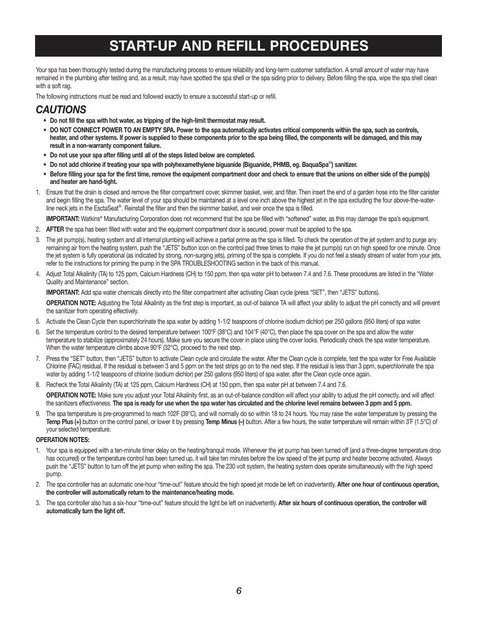 Start-up and refill procedures, Cautions | Watkins C45S User Manual | Page 9 / 32