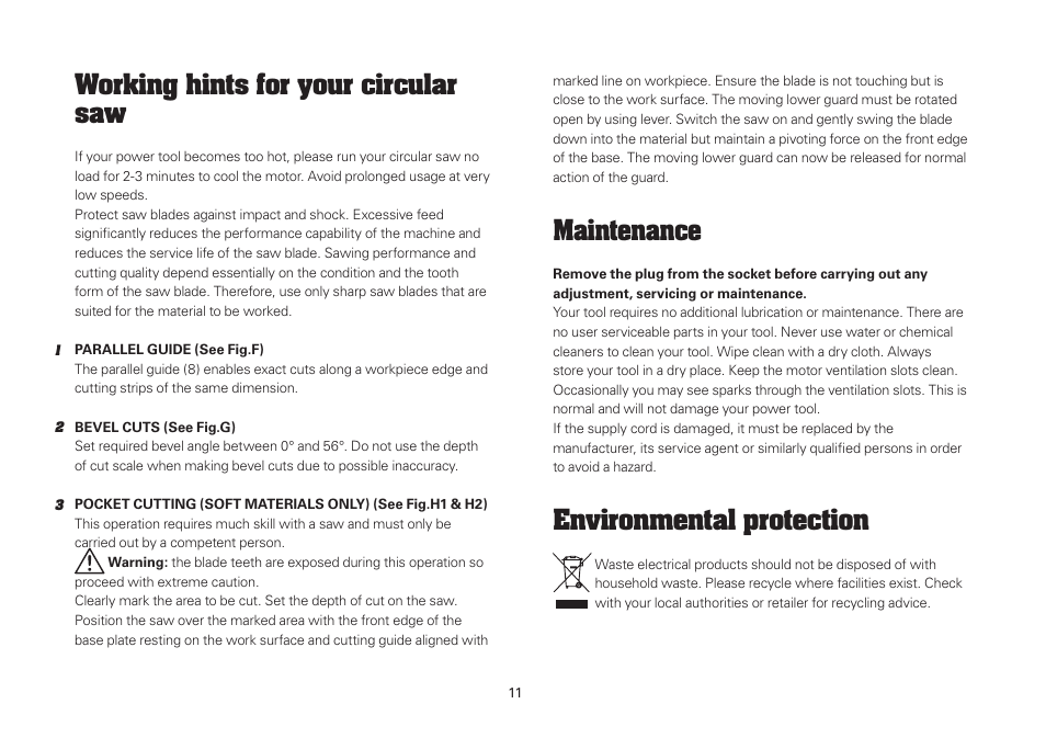 Working hints for your circular saw, Maintenance, Environmental protection | WORX Tools WU433 User Manual | Page 11 / 100